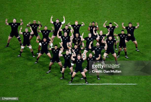 The players of New Zealand perform the Haka prior to kick-off ahead of the Rugby World Cup France 2023 semi-final match between Argentina and New...
