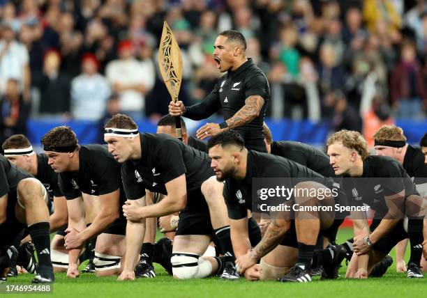 Aaron Smith of New Zealand leads the Haka prior to kick-off ahead of the Rugby World Cup France 2023 semi-final match between Argentina and New...