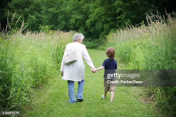 abuela y nieto tomando un hermoso sendero para caminar en - nietos fotografías e imágenes de stock