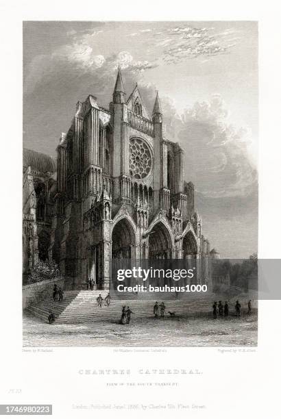 french cathedral, chartres cathedral, rouen, france, antique french engraving, 1837 - rouen stock illustrations