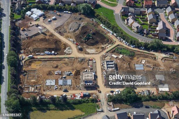 In an aerial view, a new housing estate under construction on July 06 in Newark-on-Trent Nottinghamshire, United Kingdom.