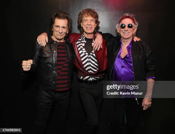 Ronnie Wood, Mick Jagger and Keith Richards backstage before The Rolling Stones surprise set in celebration of their new album “Hackney Diamonds” at...