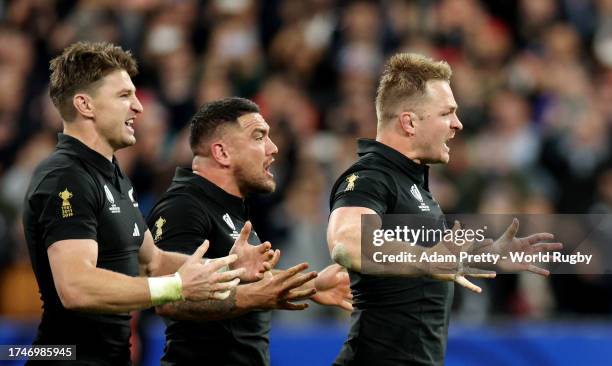 Sam Cane of New Zealand leads the Haka prior to kick-off ahead of the Rugby World Cup France 2023 semi-final match between Argentina and New Zealand...