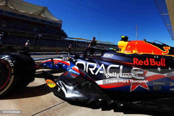 Sergio Perez of Mexico driving the Oracle Red Bull Racing RB19 in the Pitlane during practice ahead of the F1 Grand Prix of United States at Circuit...