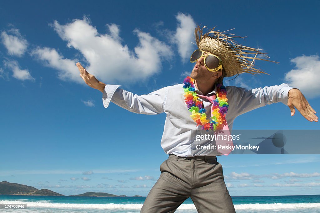 Tourist Businessman Does a Beach Dance