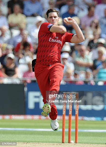 Mitchell McClenaghan of Lancashire Lightning bowling during the Friends Life T20 match between Nottinghamshire Outlaws and Lancashire Lightning at...