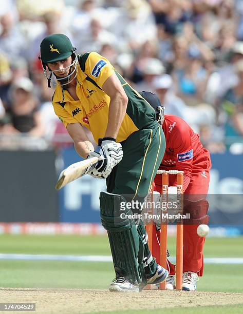 Alex Hales of Nottinghamshire Outlaws batting during the Friends Life T20 match between Nottinghamshire Outlaws and Lancashire Lightning at Trent...