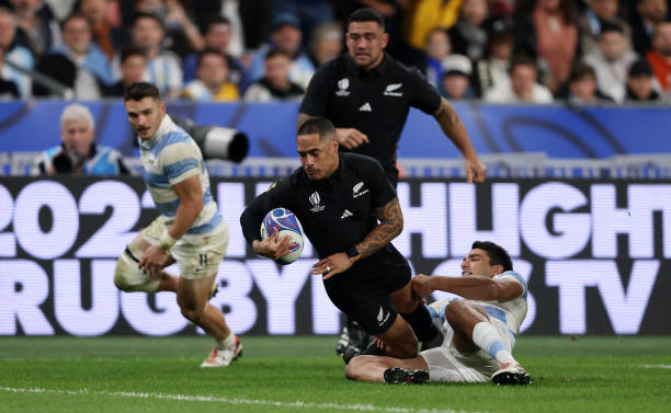 Aaron Smith of New Zealand scores the team's fourth try during the Rugby World Cup France 2023 semi-final match between Argentina and New Zealand at...