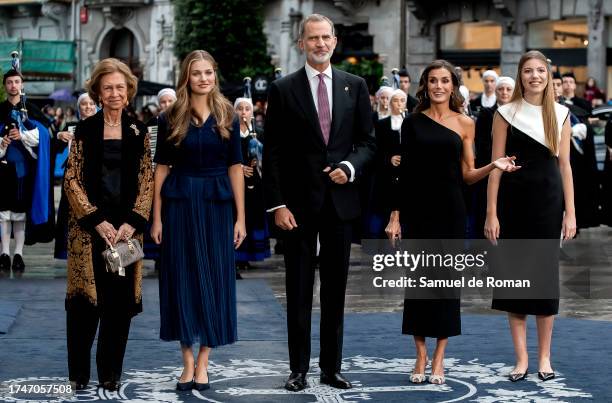 King Felipe VI of Spain, Queen Letizia of Spain, Queen Sofia of Spain, Crown Princess Leonor of Spain and Princess Sofia of Spain arrive at the...