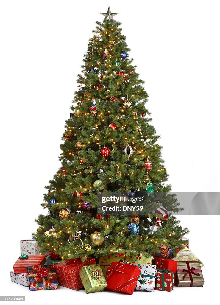 Christmas tree surrounded by presents on white background
