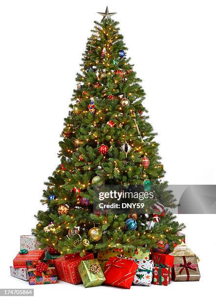 christmas tree surrounded by presents on white background - christmas tree stock pictures, royalty-free photos & images