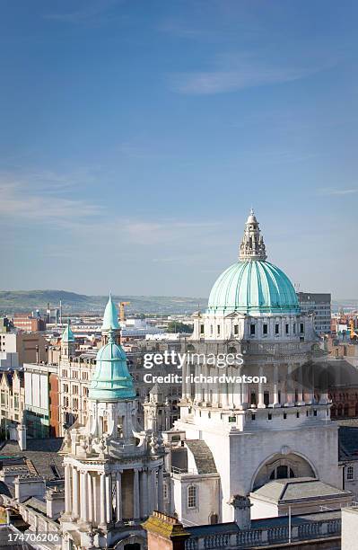 aerial view of city hall, belfast - belfast stock pictures, royalty-free photos & images