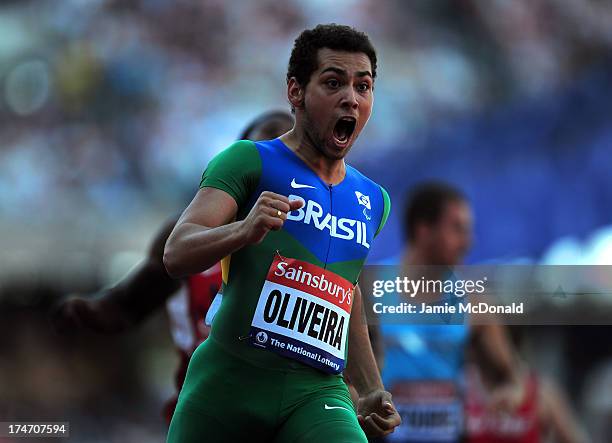 Alan Oliveira of Brazil celebrates as he wins in the Mens T43/44 100mduring day three of the Sainsbury's Anniversary Games - IAAF Diamond League...