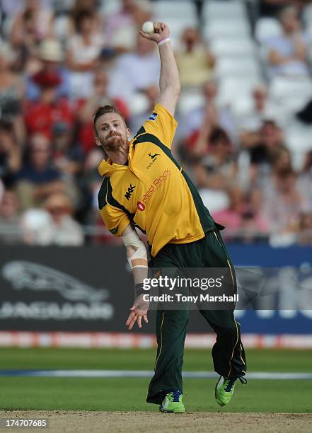 Graeme White of Nottinghamshire Outlaws bowling during the Friends Life T20 match between Nottinghamshire Outlaws and Lancashire Lightning at Trent...