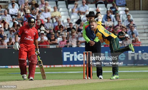 Graeme White of Nottinghamshire Outlaws bowling during the Friends Life T20 match between Nottinghamshire Outlaws and Lancashire Lightning at Trent...
