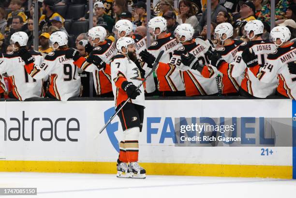 Radko Gudas of the Anaheim Ducks celebrates his goal against the Boston Bruins during the first period at the TD Garden on October 26, 2023 in...