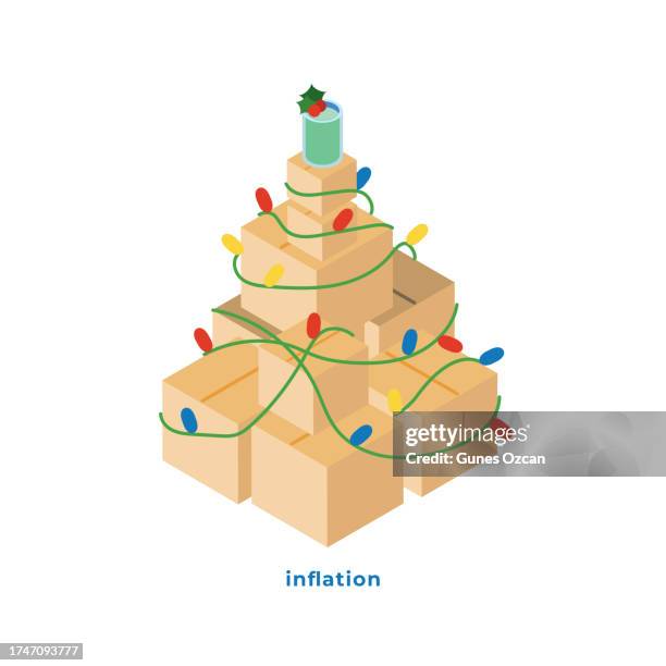 christmas celebration and inflation - boxes - packages - cheap creative solution for the holiday season - christmas lights decoration - staycation stock illustrations