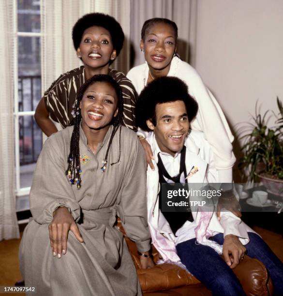 Liz Mitchell, Maizie Williams, Bobby Farrell and Marcia Barrett, of the German vocal group Boney M., pose for a portrait in London, England, November...