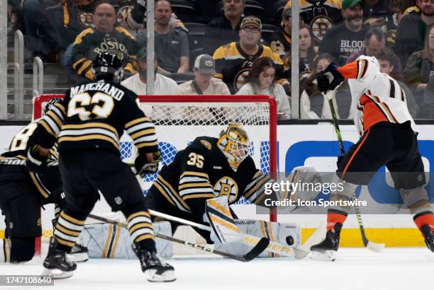 Boston Bruins goalie Linus Ullmark makes a save during a game between the Boston Bruins and the Anaheim Ducks on October 26 at TD Garden in Boston,...