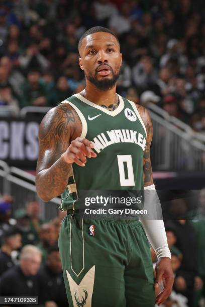 Damian Lillard of the Milwaukee Bucks looks on during the game against the Philadelphia 76ers on October 26, 2023 at the Fiserv Forum Center in...