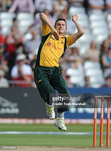 Harry Gurney of Nottinghamshire Outlaws bowling during the Friends Life T20 match between Nottinghamshire Outlaws and Lancashire Lightning at Trent...
