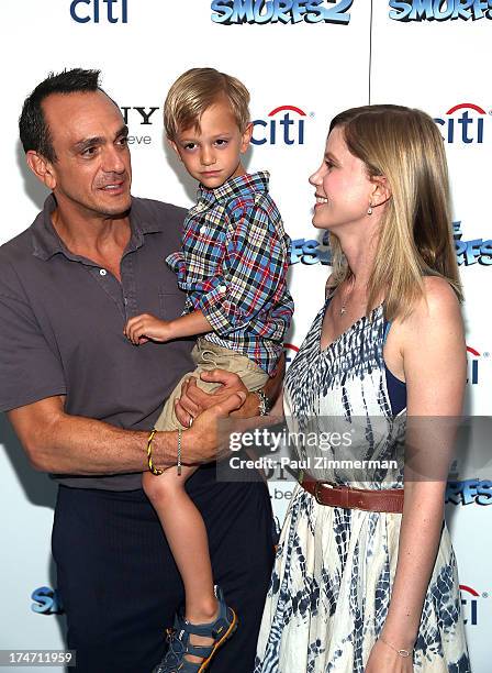 Hank Azaria, Hal Azaria and Katie Wright attend "The Smurfs 2" New York Blue Carpet Screening at Lighthouse International Theater on July 28, 2013 in...