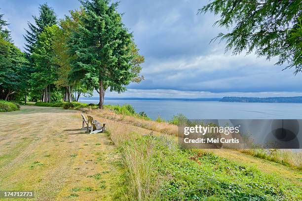 view of the puget sound from a luxury estate - whidbey island photos et images de collection