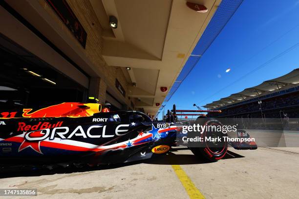 Sergio Perez of Mexico driving the Oracle Red Bull Racing RB19 leaves the garage during qualifying ahead of the F1 Grand Prix of United States at...