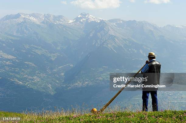 An alphorn player performs on July 28, 2013 in Nendaz, Switzerland. About 150 alphorn blowers performed together on the last day of the international...