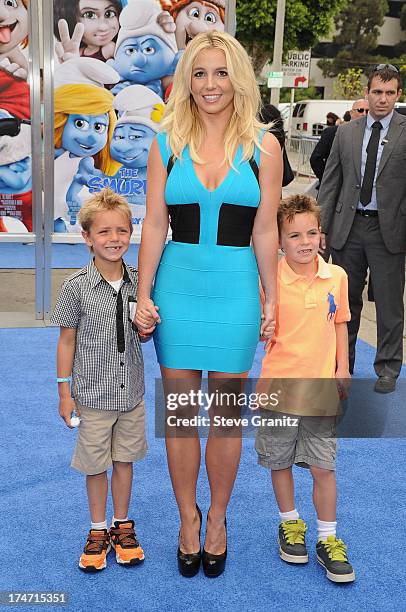 Singer Britney Spears and her sons Sean Federline and Jayden James Federline attend the premiere Of Columbia Pictures' "Smurfs 2" at Regency Village...