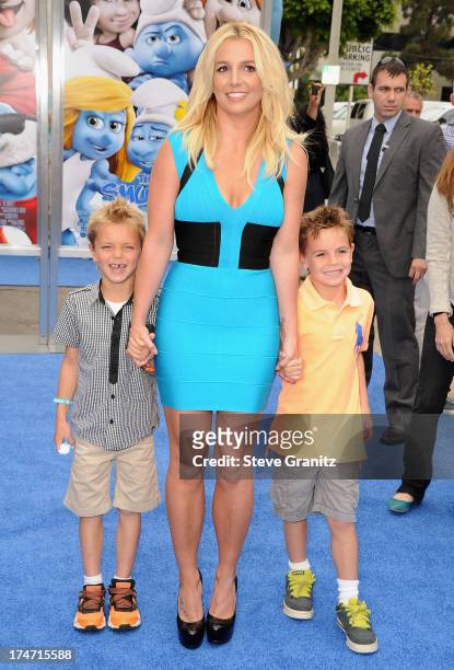 Singer Britney Spears and her sons Sean Federline and Jayden James Federline attend the premiere Of Columbia Pictures' "Smurfs 2" at Regency Village...