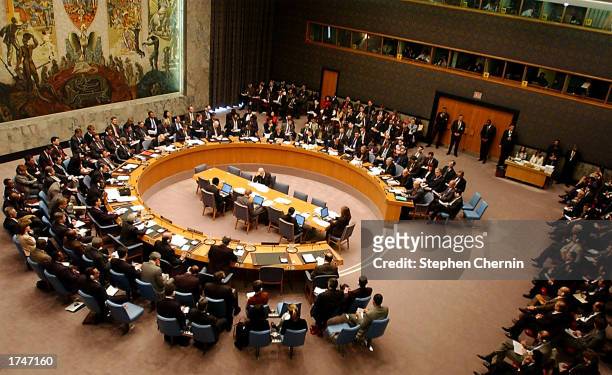 Chief United Nations weapons inspector Hans Blix addresses the Security Council on the progress of the Iraqi weapons inspections January 27, 2003 at...