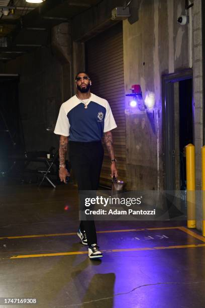 Anthony Davis of the Los Angeles Lakers arrives to the arena before the game against the Phoenix Suns on October 26, 2023 at Crypto.Com Arena in Los...