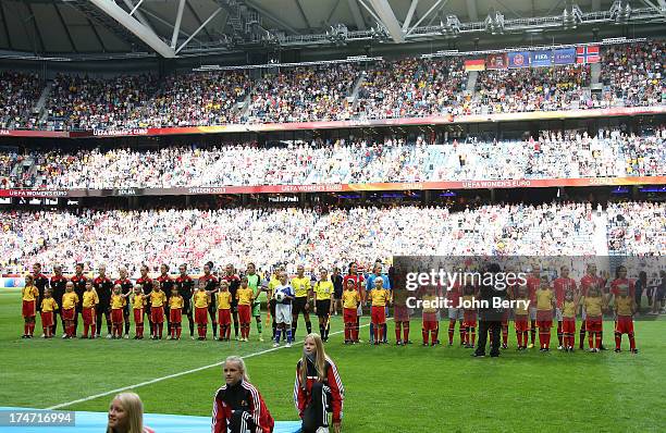 Teams presentation prior to the UEFA Women's Euro 2013 Final between Germany and Norway at the Friends Arena Stadium on July 28, 2013 in Solna,...