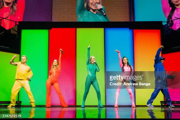 Jon Lee, Rachel Stevens, Jo O'Meara, Tina Barrett and Bradley McIntosh of S Club perform at First Direct Arena on October 20, 2023 in Leeds, England.