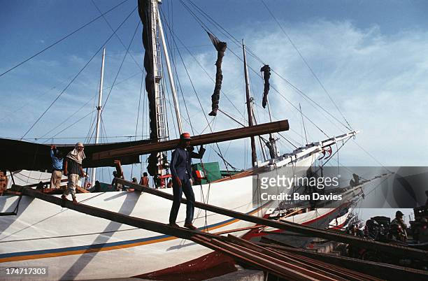 Old Buginese Makassar schooners moored at the harbour of Sunda Kelapa situated in the old Dutch part of Jakarta known as 'Little Amsterdam' ....