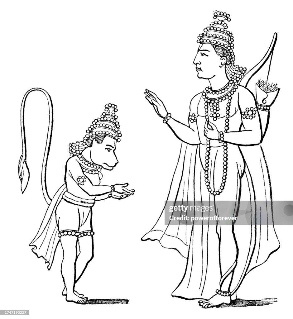 Der Hindugott Hanuman Und Der Hindugott Rama 19 Jahrhundert Stock ...