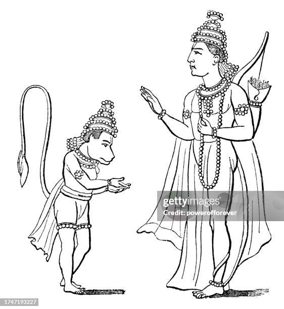 der hindu-gott hanuman und der hindu-gott rama - 19. jahrhundert - affengott stock-grafiken, -clipart, -cartoons und -symbole