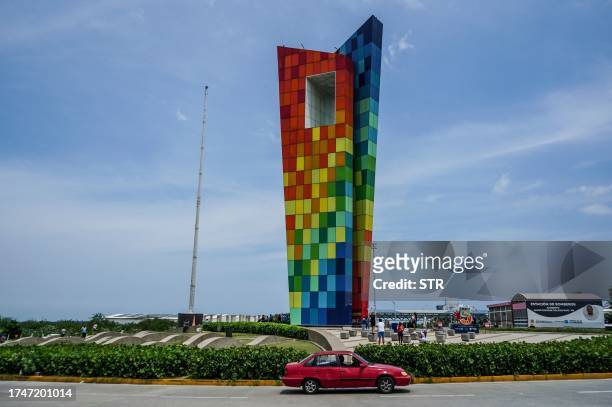 View of the 48 m high glass monument La Ventana al Mundo , in Barranquilla on October 1st, 2023. Barranquilla, the hometown of star Shakira, claims...