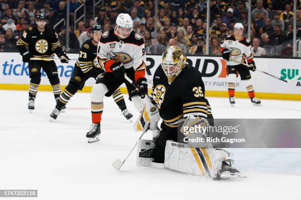 Linus Ullmark of the Boston Bruins makes a save against the Anaheim Ducks during the second period at the TD Garden on October 26, 2023 in Boston,...