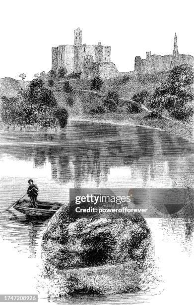 ruins of warkworth castle in warkworth, england - 19th century - northumberland stock illustrations