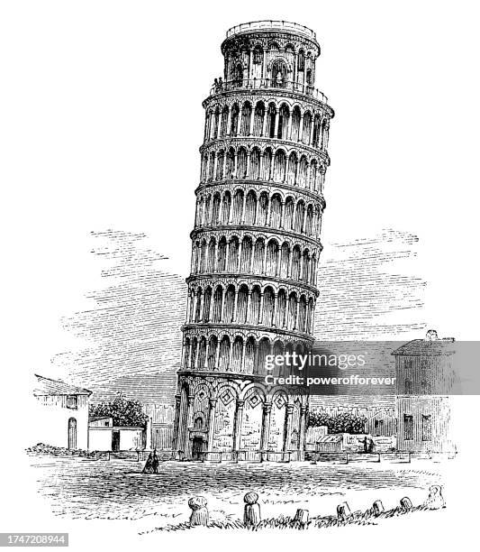 der schiefe turm von pisa in pisa, italien - 19. jahrhundert - leaning tower of pisa stock-grafiken, -clipart, -cartoons und -symbole