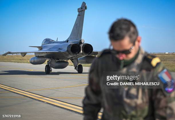 Dassault-Rafale fighter jet is seen preparing for take-off for a mission at Fetesti Air Base, in the commune Borcea, near the town of Fetesti,...