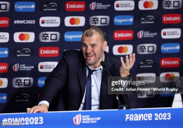 Michael Cheika, Head Coach of Argentina, speaks to the media in the post match press conference after the Rugby World Cup France 2023 semi-final...