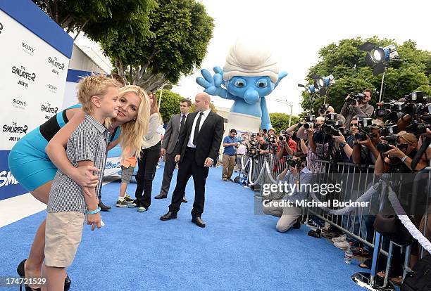 Singer Britney Spears and son Sean Federline attend the Los Angeles premiere of "The Smurfs 2" at Regency Village Theatre on July 28, 2013 in...