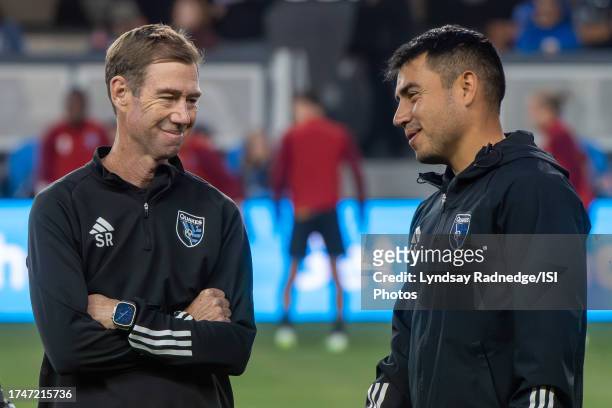 Steve Ralston chats to Vander Salas before a game between San Jose Earthquakes and Nashville SC at PayPal Park on September 23, 2023 in San Jose,...