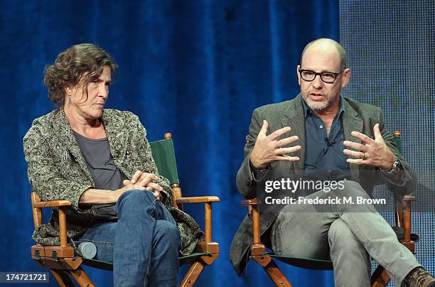 Directors Gwyneth Horder-Payton and Daniel Sackheim speak onstage during "FX Directors" panel as part of the 2013 Summer Television Critics...