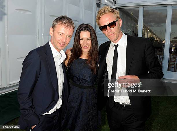 John Simm, Kate Mcgowan and Laurence Fox attend the Boujis tent at the Audi International Polo day at Guards Polo Club on July 28, 2013 in Egham,...