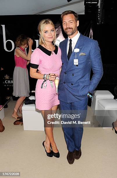 Laura Whitmore and Patrick Grant attend the Boujis tent at the Audi International Polo day at Guards Polo Club on July 28, 2013 in Egham, England.