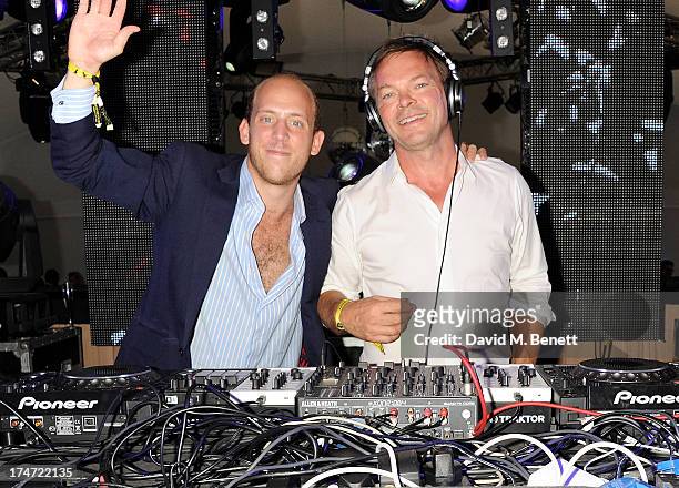 Carlo Carello and Pete Tong attend the Boujis Party at the Audi International Polo day at Guards Polo Club on July 28, 2013 in Egham, England.